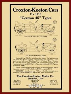 1910 Croxton Keeton Autos NEW Metal Sign 24x30 USA STEEL XL Size 7 lb