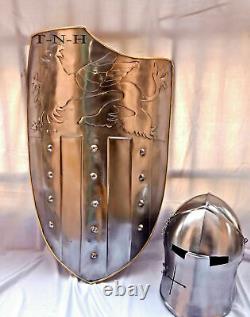 Medieval Knight Shield 18G Steel Metal stander Size WithFunctional Barbuta Helmet