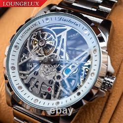 Mens Automatic Mechanical Watch Silver White Dial Stainless Steel Metal Strap