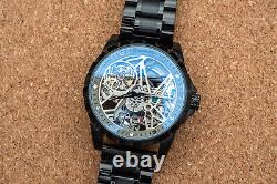 Mens Skeleton Automatic Mechanical Watch Black Stainless Steel Metal Strap