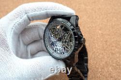 Mens Skeleton Automatic Mechanical Watch Black Stainless Steel Metal Strap
